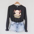 Cute Axolotl Reading Books Shirt Kawaii Axolotl Lover Raglan Sleeve Sweatshirt Dark Grey Heather