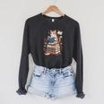 Cute Cat Reading Books With Tea Raglan Sleeve Sweatshirt Dark Grey Heather