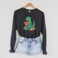 Cute Dinosaur Tales T Rex Reading Books Lover Raglan Sleeve Sweatshirt Dark Grey Heather