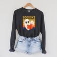 Cute Ghost Book Reading Halloween Teacher Puns Booooks For Men Women Kids Raglan Sleeve Sweatshirt Dark Grey Heather