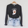 Cute Ghost Book Reading Halloween Teacher Top Raglan Sleeve Sweatshirt Dark Grey Heather