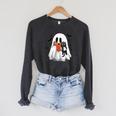Cute Halloween Ghost Reading Book Raglan Sleeve Sweatshirt Dark Grey Heather