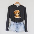Cute Lion Cub Reading Book With Headwrap Raglan Sleeve Sweatshirt Dark Grey Heather