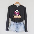 Cute Panda With Book And Hot Cocoa Reading Raglan Sleeve Sweatshirt Dark Grey Heather Cute Panda With Book And Hot Cocoa Reading Raglan Sleeve Sweatshirt Dark Grey Heather