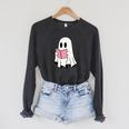 Cute Retro Reading Book Library Ghost Costume Raglan Sleeve Sweatshirt Dark Grey Heather