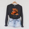 Cute Turkey Reading Book Lovers Bow Thanksgiving Raglan Sleeve Sweatshirt Dark Grey Heather