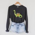 Dinosaur Librarian Book Lover Reading Brontosaurus Raglan Sleeve Sweatshirt Dark Grey Heather