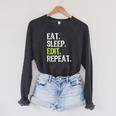 Eat Sleep Edit Repeat Editor Editing Video Film Book Raglan Sleeve Sweatshirt Dark Grey Heather Eat Sleep Edit Repeat Editor Editing Video Film Book Raglan Sleeve Sweatshirt Dark Grey Heather