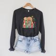 Floral Sloth Sleeping On Books Raglan Sleeve Sweatshirt Dark Grey Heather