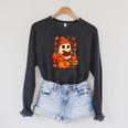 Ghost Reading Book Lovers Autumn Fall Halloween Raglan Sleeve Sweatshirt Dark Grey Heather
