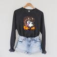 Ghost Reading Book On Swing Halloween Autumn Art Raglan Sleeve Sweatshirt Dark Grey Heather