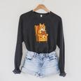 Ginger Tabby Cat Reading Book Glasses Retro Illustration Raglan Sleeve Sweatshirt Dark Grey Heather