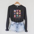 Girls 100 Days Of School Coquette Bow Pencil Bus Book Crayon Raglan Sleeve Sweatshirt Dark Grey Heather