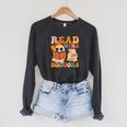Groovy Booooks Ghost Read More Books Teacher Halloween Men Women Kids Raglan Sleeve Sweatshirt Dark Grey Heather