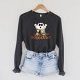 Halloween Books Cute Ghost Reading Library Boooooks Autumn Raglan Sleeve Sweatshirt Dark Grey Heather