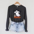 Halloween Teacher Librarian Books Reading Ghost Pun BOOOOKS Men Women Kids Raglan Sleeve Sweatshirt Dark Grey Heather