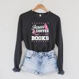 Jesus Coffee And Books Christian Reading Literary Raglan Sleeve Sweatshirt Dark Grey Heather