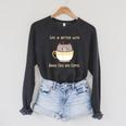 Life Is Better With Books Cats And Coffee Cute Kitten Raglan Sleeve Sweatshirt Dark Grey Heather