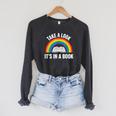 Take A Look It's In A Book Rainbow Reading Literary Raglan Sleeve Sweatshirt Dark Grey Heather