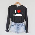 I Love Editing Heart Movie Film Newspaper Journalism Book Raglan Sleeve Sweatshirt Dark Grey Heather