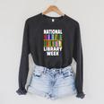 National Library Week 2021 Book Lover Reader Librarian Raglan Sleeve Sweatshirt Dark Grey Heather