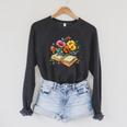 Open Book With Wildflowers Vintage Botanical Reading Raglan Sleeve Sweatshirt Dark Grey Heather