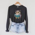 Owl Reading A Book Owls Wearing Glasses Librarian Raglan Sleeve Sweatshirt Dark Grey Heather
