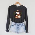 Penguin Reading Book Graphic Penguin With Book Floral Raglan Sleeve Sweatshirt Dark Grey Heather