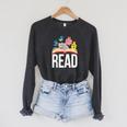 Read Book Cute School Teacher Librarian Elephant Pigeon Raglan Sleeve Sweatshirt Dark Grey Heather