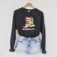 Readalotl a Kawaii Axolotl Reading a Book As Readsalotl Raglan Sleeve Sweatshirt Dark Grey Heather