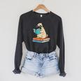 Reading Pug Bookworm Cute Pug With Glasses Books Raglan Sleeve Sweatshirt Dark Grey Heather
