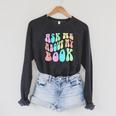 Retro ASK ME About MY BOOK Published Author Event Vibes Raglan Sleeve Sweatshirt Dark Grey Heather