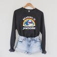 Shark Reading Is Jawsome Book Rainbow Kid Boys Toddler Raglan Sleeve Sweatshirt Dark Grey Heather