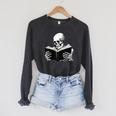 Skeleton Reading Book Bookworm Reader Bookish Halloween Raglan Sleeve Sweatshirt Dark Grey Heather Skeleton Reading Book Bookworm Reader Bookish Halloween Raglan Sleeve Sweatshirt Dark Grey Heather