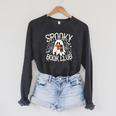 Spooky Book Club Cute Ghost Reading Book Halloween Costume Raglan Sleeve Sweatshirt Dark Grey Heather