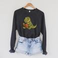T-Rex Dinosaur Reading Book Nerd Raglan Sleeve Sweatshirt Dark Grey Heather