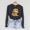 Women's Cute Lamb Reading Book Lover Animal Graphic Baby Sheep Open Raglan Sleeve Sweatshirt Dark Grey Heather