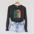 Women's Its Good Luck To Read Rainbow Reading Books Raglan Sleeve Sweatshirt Dark Grey Heather