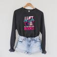 Women's I Lift So I Can Carry More Books Reader Gym Book Lover Raglan Sleeve Sweatshirt Dark Grey Heather