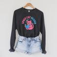 Women's Space CAT Reader Pink Helmet Blue Book Nerd Galaxy Kitty Raglan Sleeve Sweatshirt Dark Grey Heather