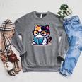 Adorable Book Lover Calico Cat With Reading Glasses Cute For Men Women Kids Raglan Sleeve Sweatshirt Deep Heather