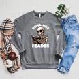 Bonafide Reader Cute Skeleton Reading a Book Lover Bookish Raglan Sleeve Sweatshirt Deep Heather