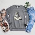 Cat Bookworm Reading Book Graphic Raglan Sleeve Sweatshirt Deep Heather