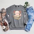 Cute Axolotl Reading Books Shirt Kawaii Axolotl Lover Raglan Sleeve Sweatshirt Deep Heather