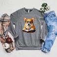 Cute Dog Corgi Reading Book Raglan Sleeve Sweatshirt Deep Heather