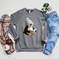 Cute Penguin Reading Book Faux-Crochet Print Raglan Sleeve Sweatshirt Deep Heather