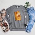 Ginger Tabby Cat Reading Book Glasses Retro Illustration Raglan Sleeve Sweatshirt Deep Heather
