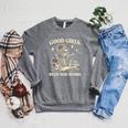 Good Girls Read Bad Books Dark Romance Reader Skeleton Goth Raglan Sleeve Sweatshirt Deep Heather