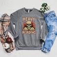Heavy Reading Book Lover Skeleton Ironic Graphic Raglan Sleeve Sweatshirt Deep Heather
