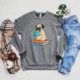 Reading Pug Bookworm Cute Pug With Glasses Books Raglan Sleeve Sweatshirt Deep Heather